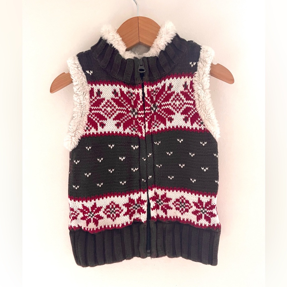 Fair Isle Fleece-Lined Zip Up Sweater Vest, Faux Fur Trim, Brown Red, Unisex